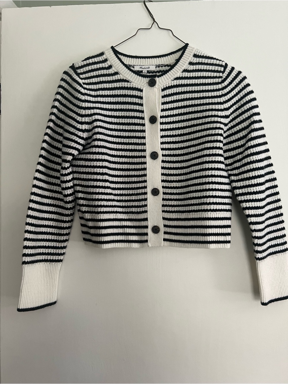 Madewell Black and White Striped Button-Up Cropped Cardigan